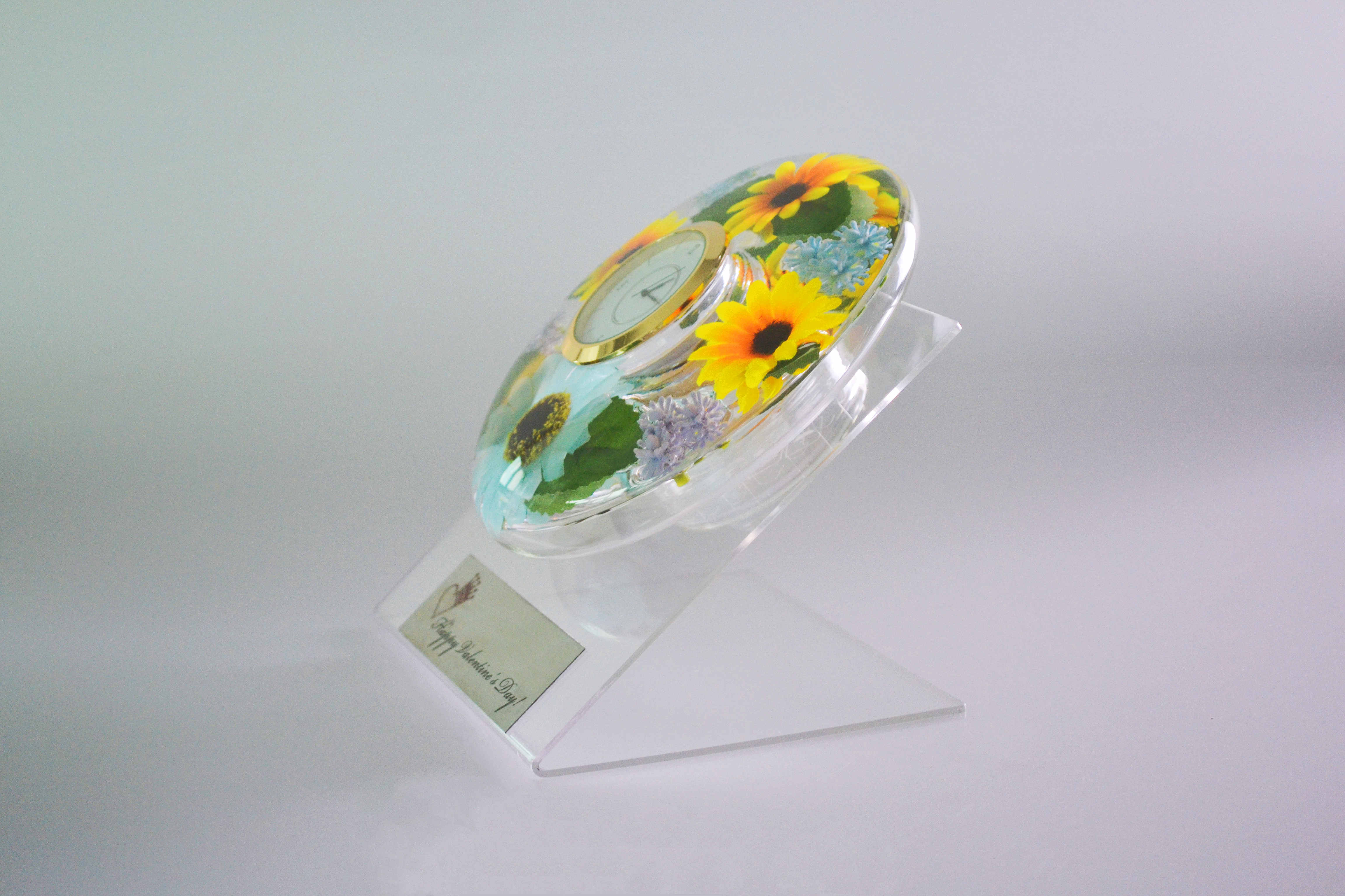 Immortal Sunflower Design Clear Glass Watch with Customized Metal Nameplate